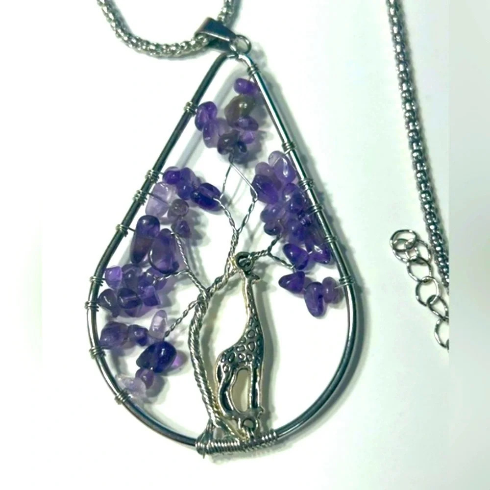 Wire Wrapped Amethyst Tree Of  Life w/Giraffe Pendant🦒📿🟣 - Picture 4 of 9
